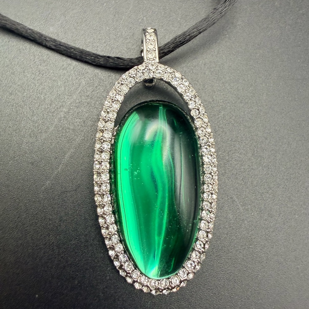 Vintage Nolan Miller Silk Cord And Silver Tone Green Glass Pendant, Signed
